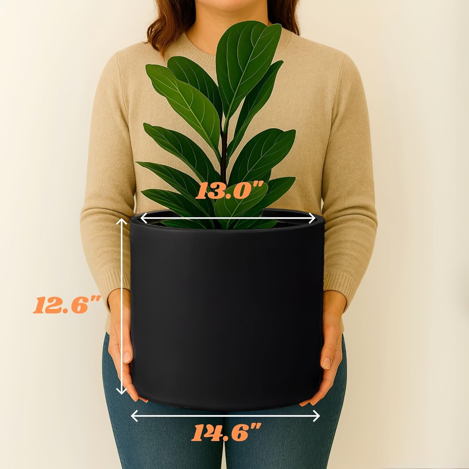 Fox & Fern 14.6 Inch Extra Large Planter — Premium Lightweight Fiberstone Matte Black Plant Pot