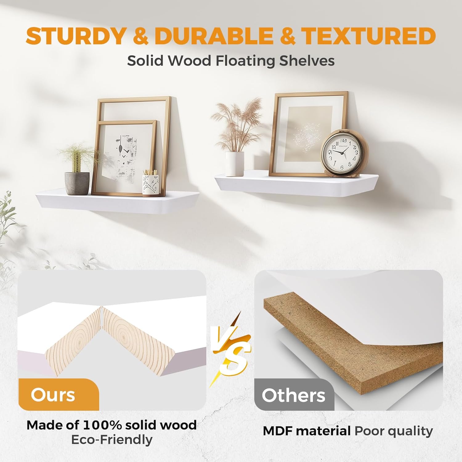 24"x6.8"x1.6" Slanted Floating Wall Shelves 2-Pack - Rustic White Finish, Heavy-Duty Solid Wood