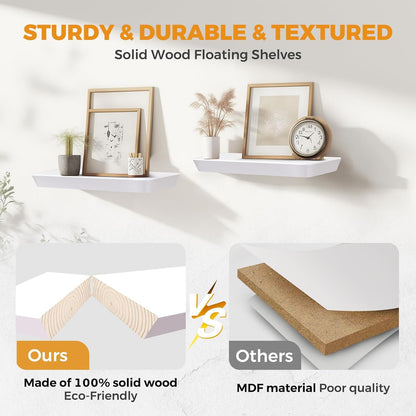 24"x6.8"x1.6" Slanted Floating Wall Shelves 2-Pack - Rustic White Finish, Heavy-Duty Solid Wood