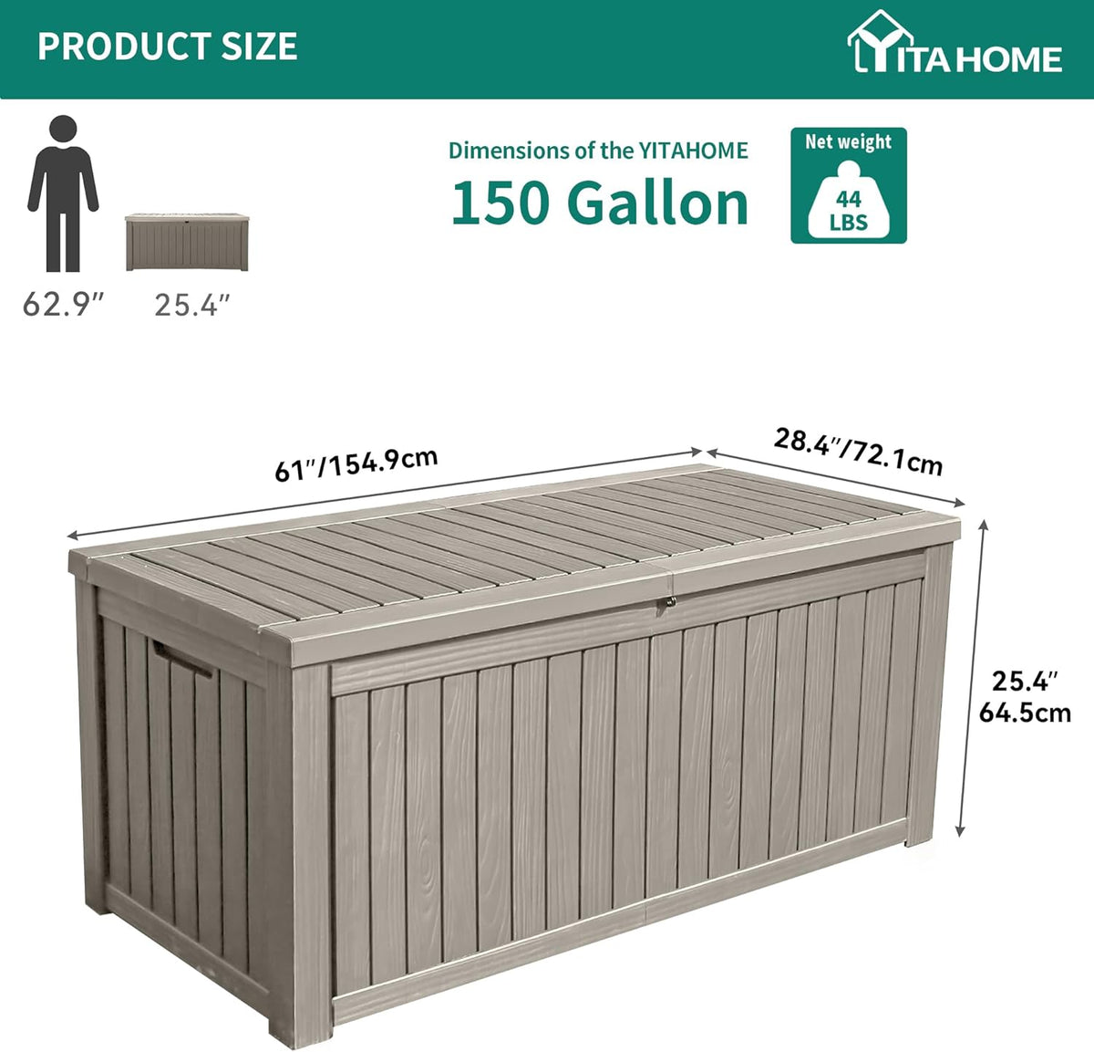 YITAHOME 150 Gallon Large Deck Box w/Divider, XL Waterproof Outdoor Storage for Patio