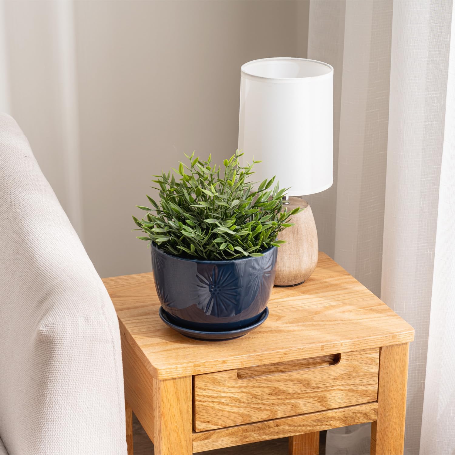 MyGift 7 Inch Round Blue Ceramic Plant Pot with Drainage Hole and Attached Saucer, Modern