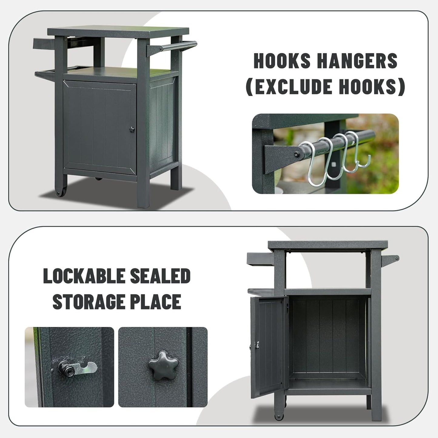 Domi Grill Carts Outdoor with Storage and Wheels, Whole Metal Portable Table and Storage Cabinet