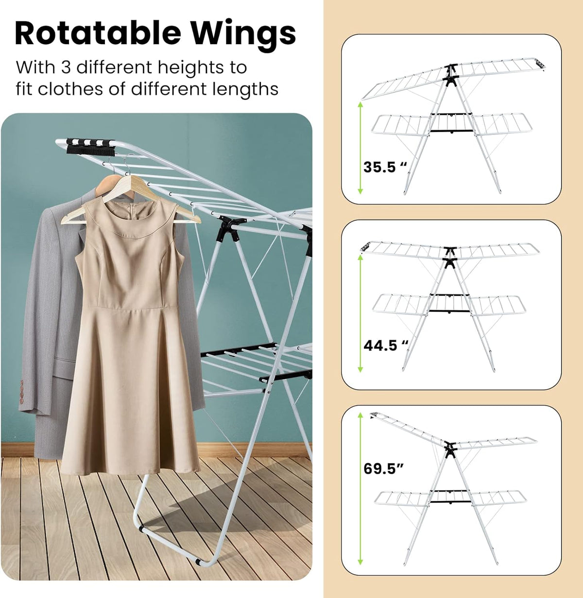 COSTWAY Clothes Drying Rack, Foldable 2-Level Laundry Drying Rack w/Height-Adjustable Wings, 33