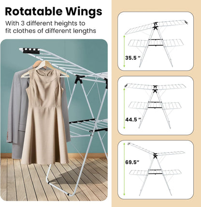 COSTWAY Clothes Drying Rack, Foldable 2-Level Laundry Drying Rack w/Height-Adjustable Wings, 33