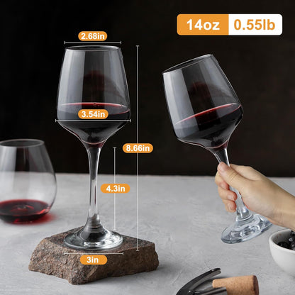 Clear Wine Glasses Set of 6-14oz Long Stem Wine Glass, Pretty Crystal Glassware, Hand Blown Goblets