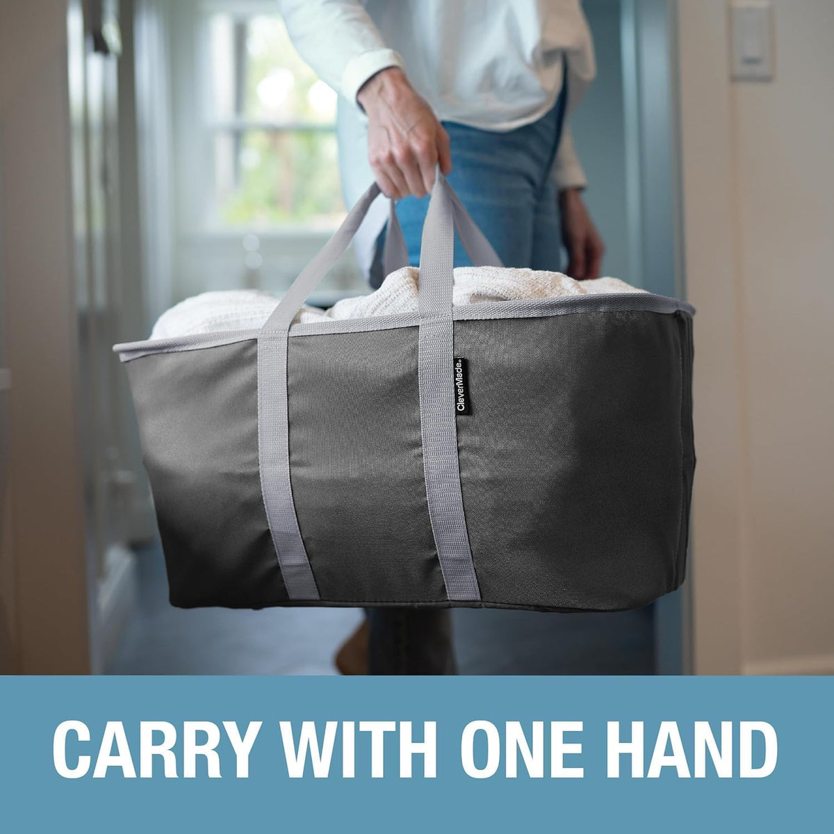 CleverMade Collapsible Laundry Tote - LUXE Navy Noir Cream 2Pack 50L - Foldable Storage