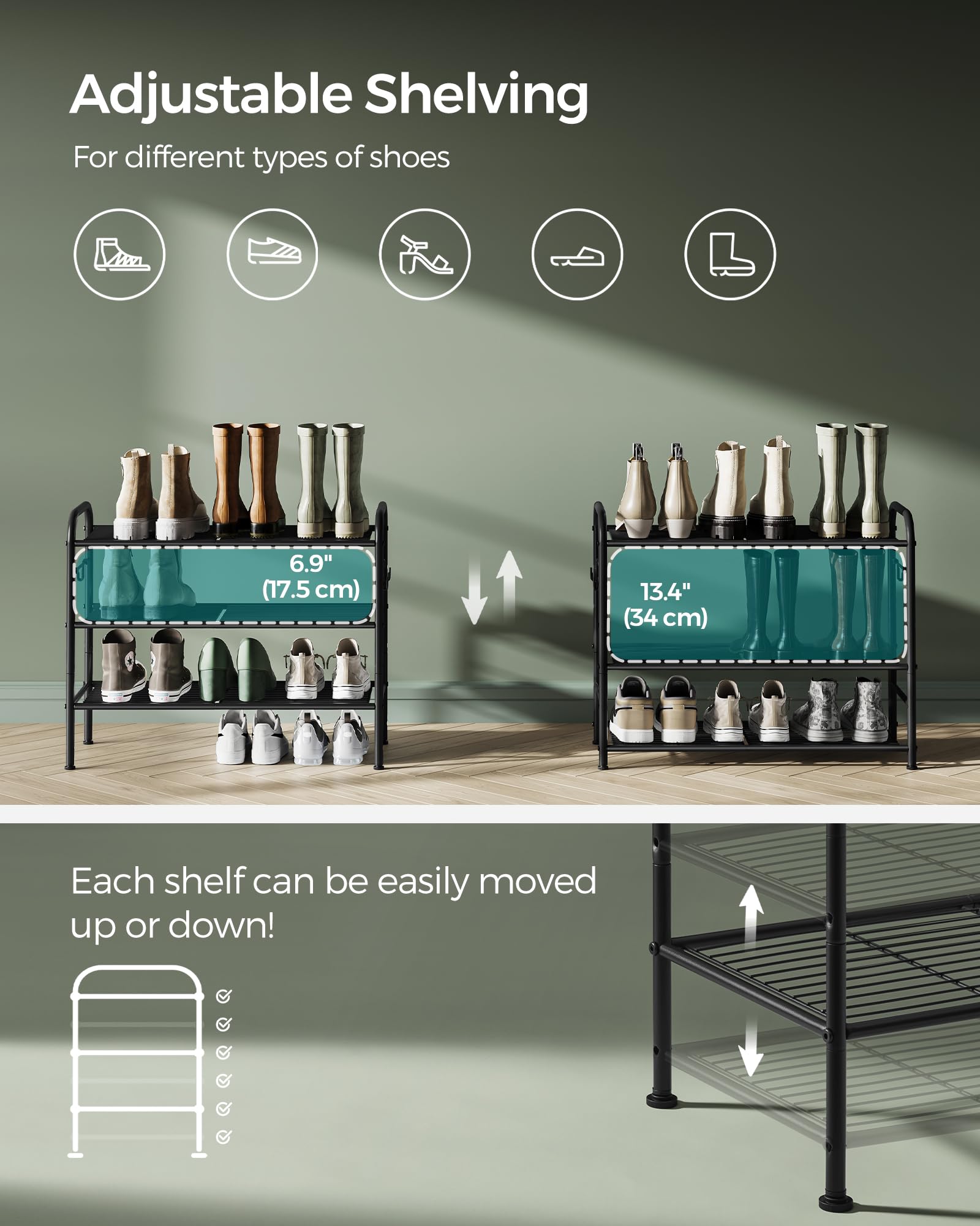 SONGMICS 3-Tier Metal Shoe Rack, Shoe Orgainzer, 26.7" Wide, Holds 12 Pairs
