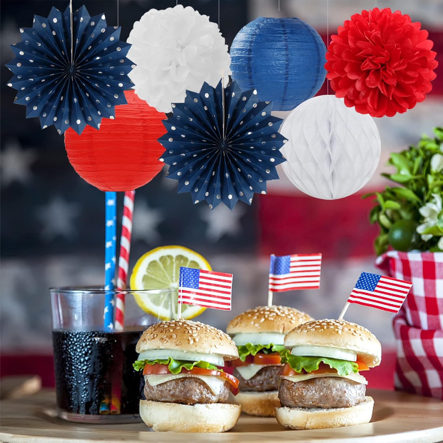 Fourth-4th of July-Imemorial Party-Decorations Lanterns - 14pcs Red White Blue Graduation Paper