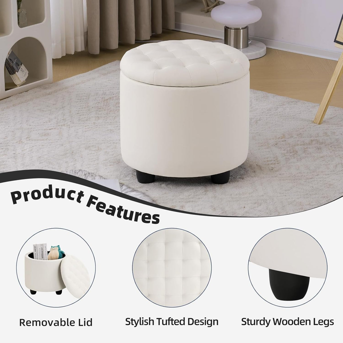 Furniliving Upholstered Button Tufted Round Ottoman, PU Storage Ottoman Round, Removable Lid