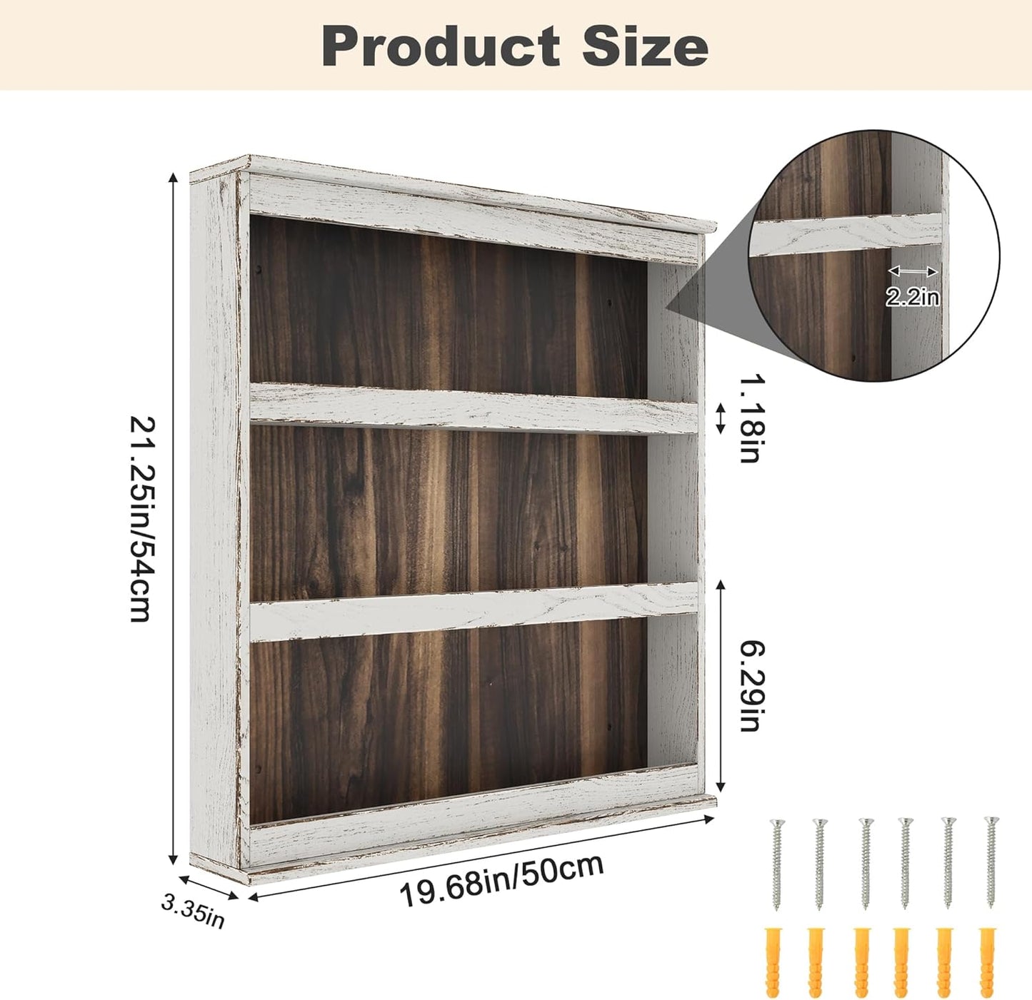 Nisorpa 3 Tier Spice Rack Wall Mount, Rustic Burnt Wood Wall Hanging Spice Rack Kitchen Spice Shelf