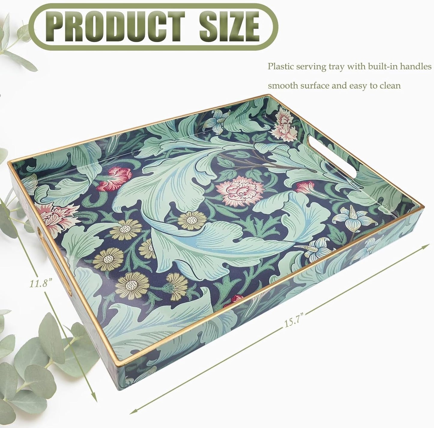 Spsyrine Serving Tray with Handles, Plastic Decorative Tray for Coffee Table, Living Room, Home