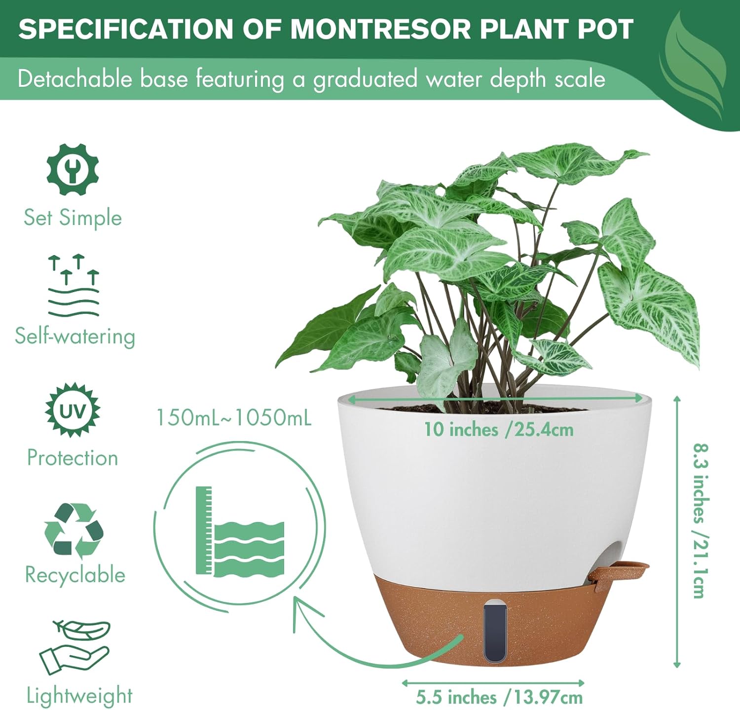 montresor 2 Pack 10 inch Plant Pots, PP Plastic Self Watering Plant Pot with Drainage and Tray for