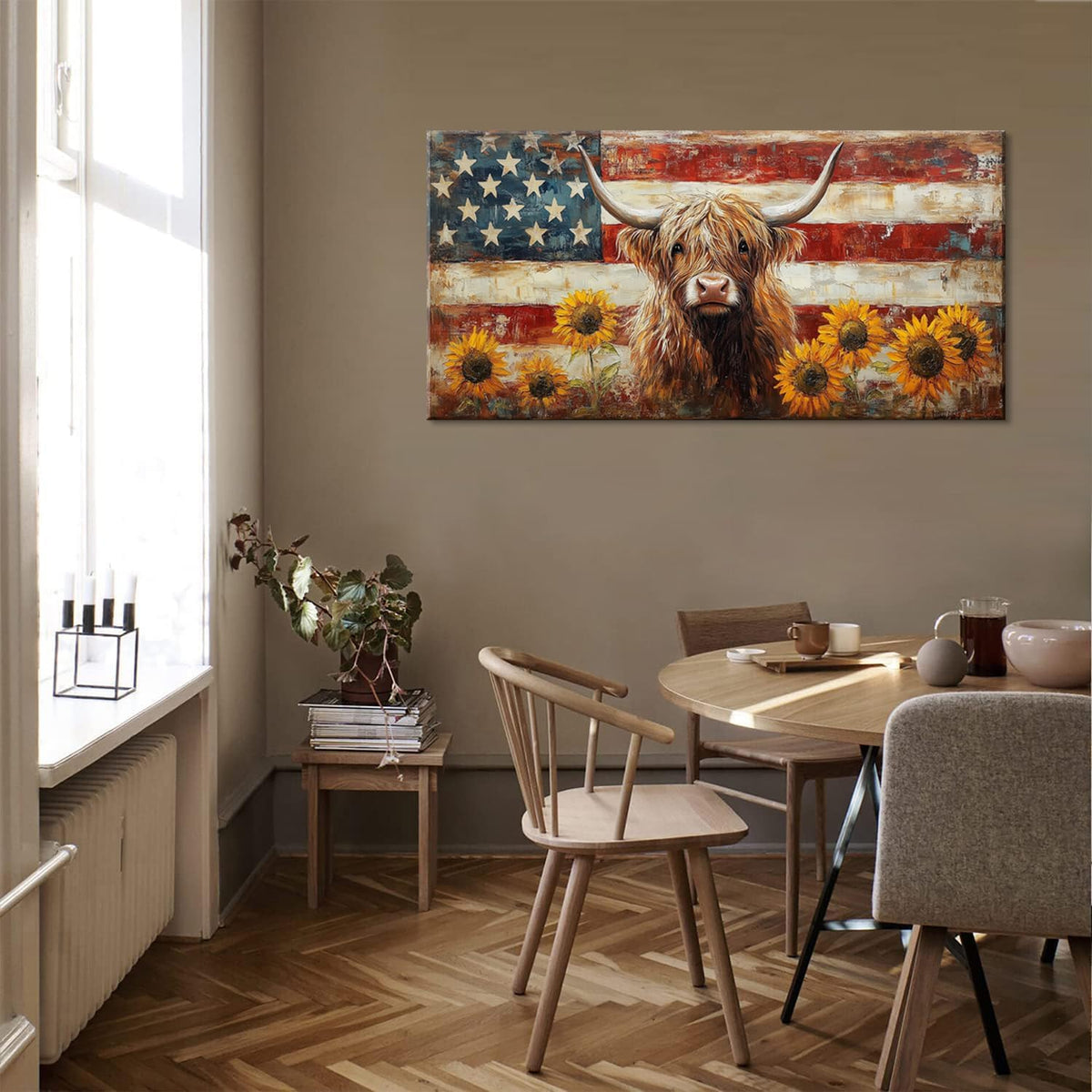LASMOND Country Highland Cow Wall Art for Living Room Rustic Retro Vintage American Flag Sunflower