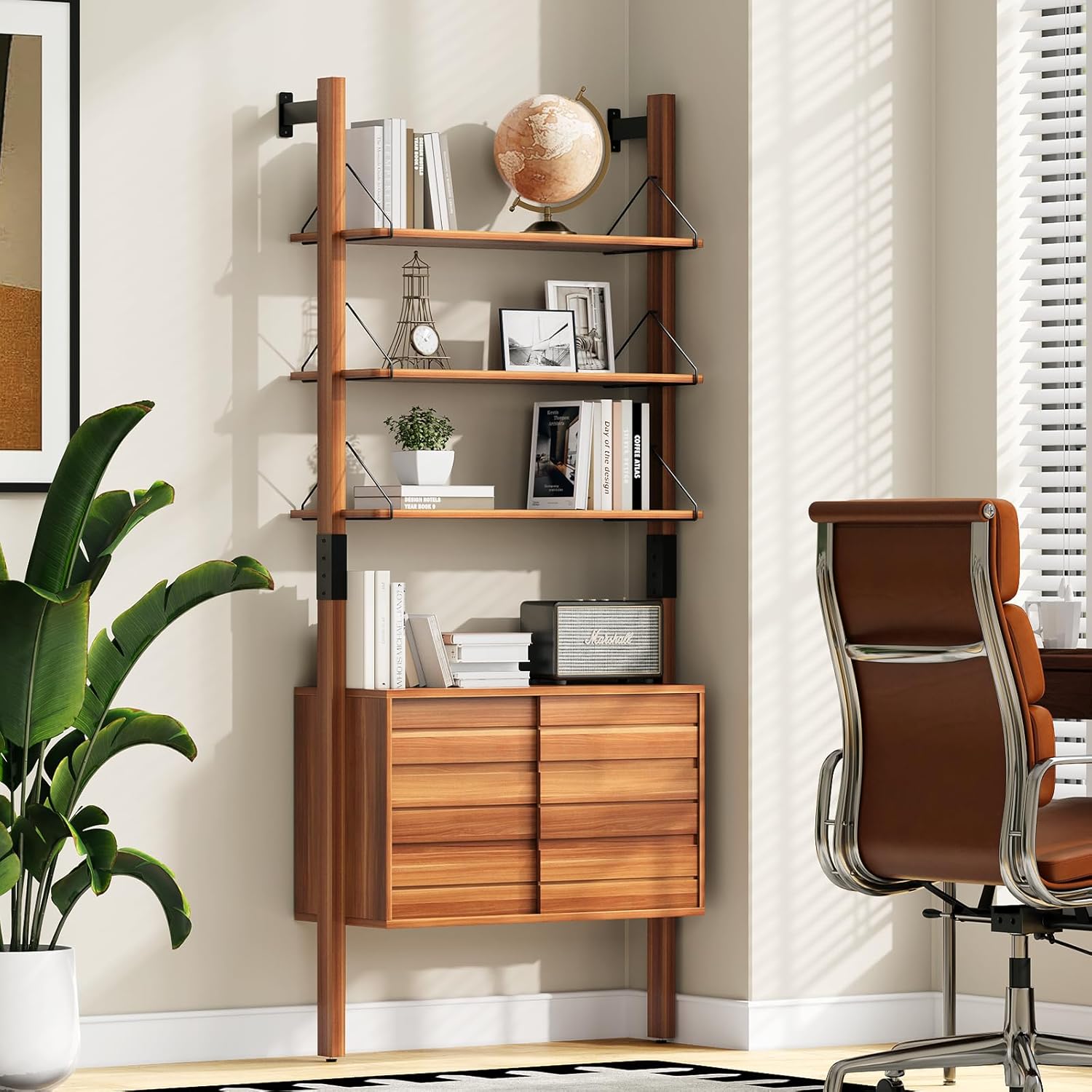 Ladder Bookshelf with Storage Cabinet, Mid Century Modern Wall Mounted Bookcase with Wood and Metal
