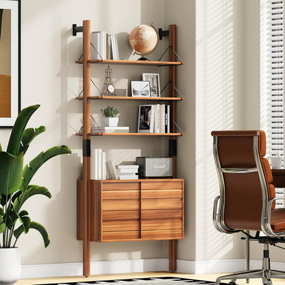 Ladder Bookshelf with Storage Cabinet, Mid Century Modern Wall Mounted Bookcase with Wood and Metal