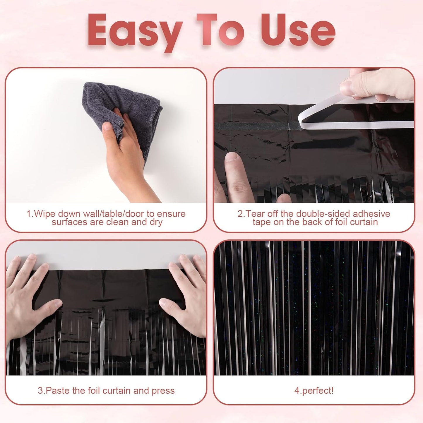3 Pack 3.3 x 8.2 ft Laser Black Foil Fringe Backdrop Curtains, Tinsel Streamers Birthday Party