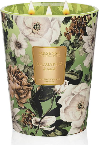 M&SENSE Eucalyptus Sage Scented Candle, 35oz 150H Long Lasting, 3-Wick Natural Soy Candles