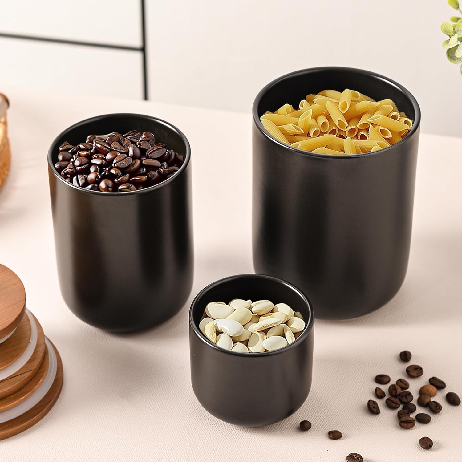 Black Ceramic Canister Set with Bamboo Lids, 3-Piece Airtight Food Storage Jars for Kitchen