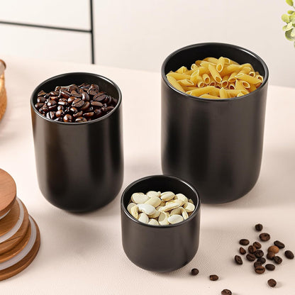 Black Ceramic Canister Set with Bamboo Lids, 3-Piece Airtight Food Storage Jars for Kitchen