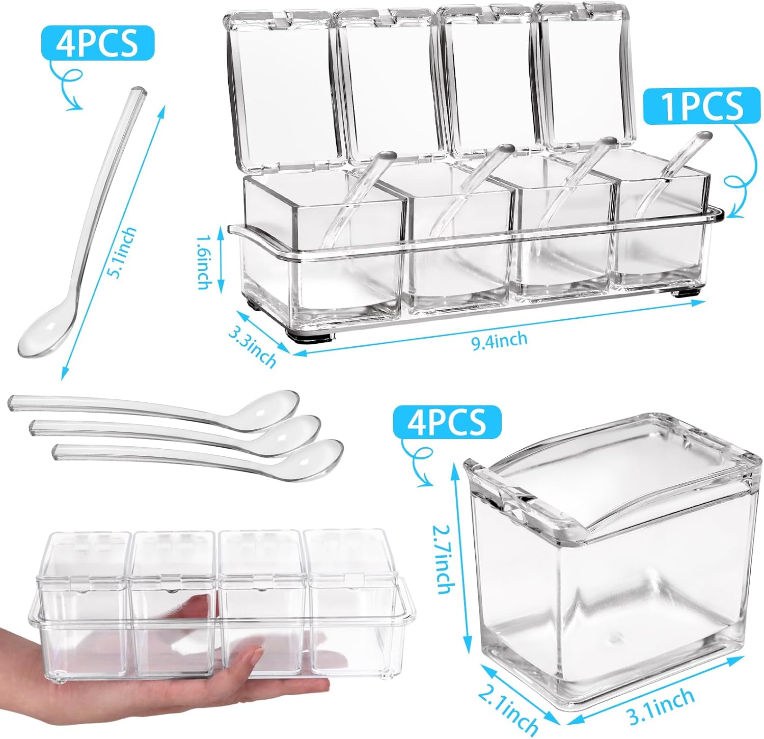 4-Cell Clear Seasoning Rack Spice Box, Storage Container Condiment Jars Acrylic Seasoning Box with