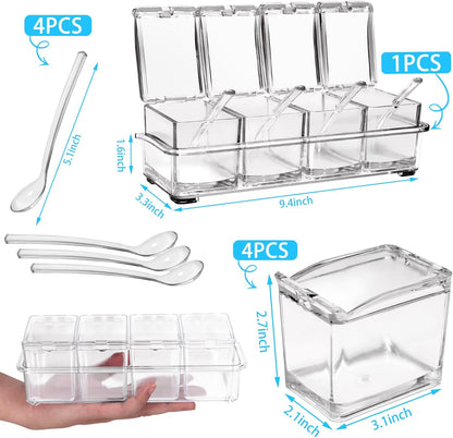 4-Cell Clear Seasoning Rack Spice Box, Storage Container Condiment Jars Acrylic Seasoning Box with