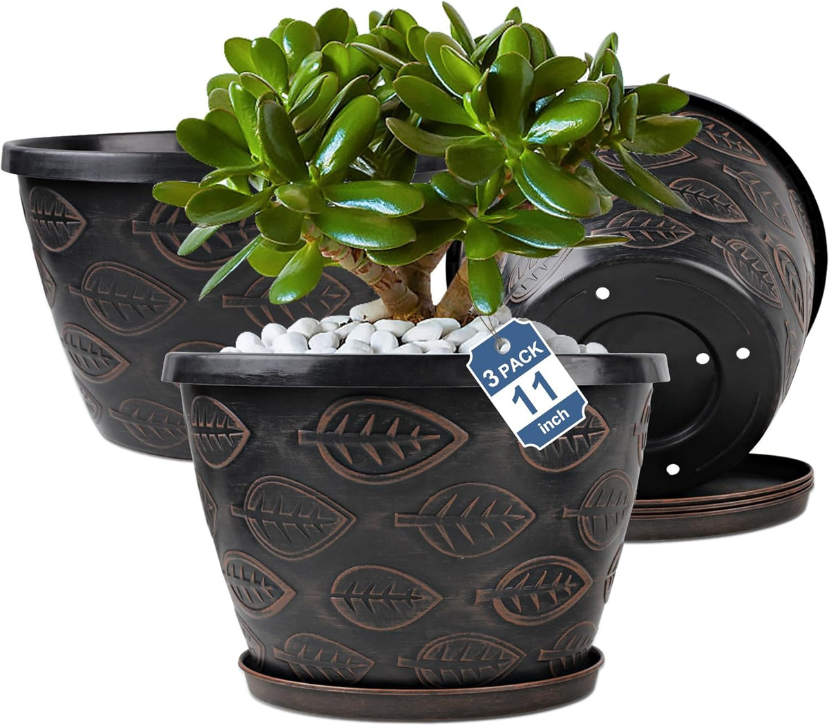 3 Pack Flower Pots Outdoor 11 Inch Plant Pots Indoor, Large-Plastic-Plant-Flower-Planters-Pots with