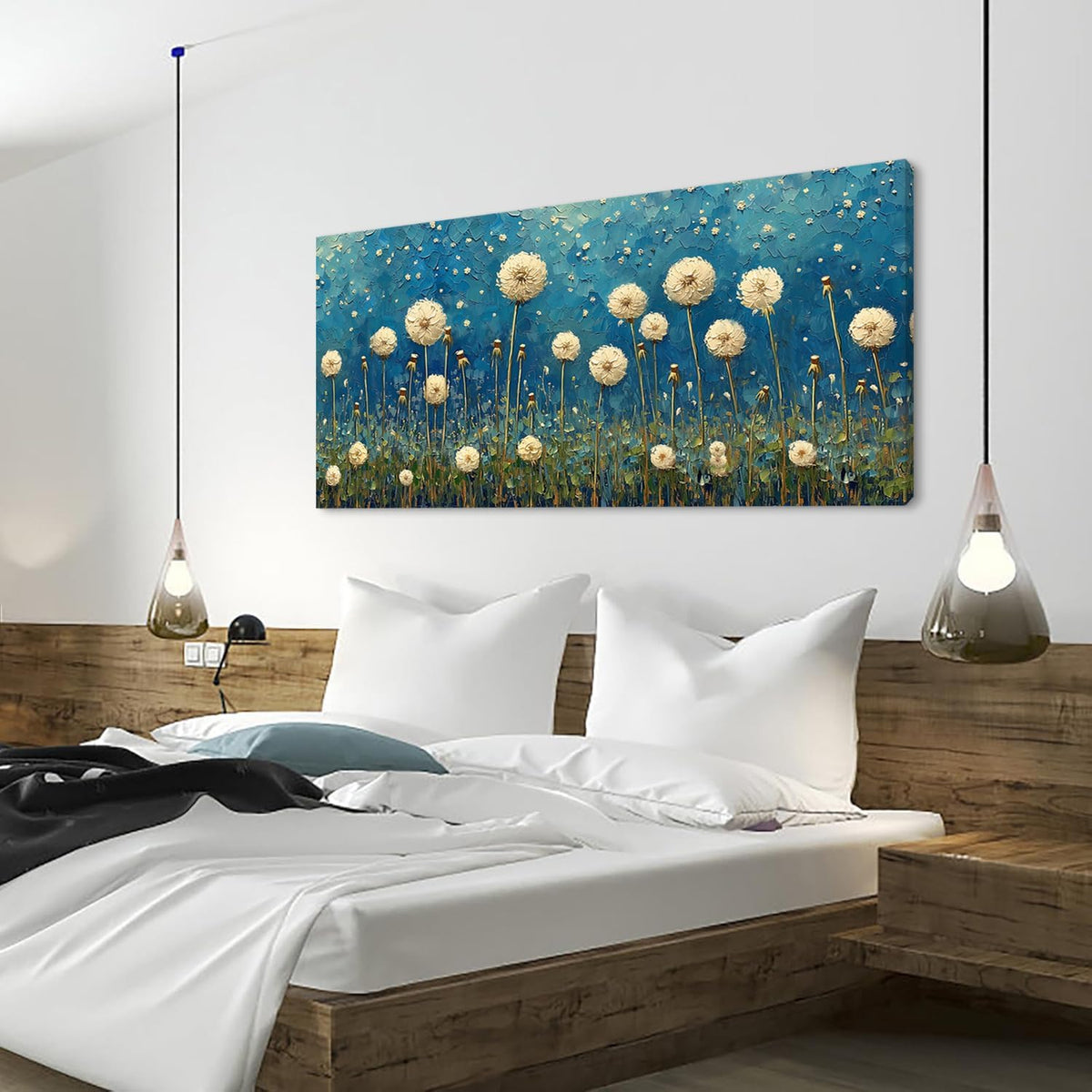 LASMOND Teal Dandelion Wall Art for Living Room Abstract Blowball Canvas Painting Prints Large