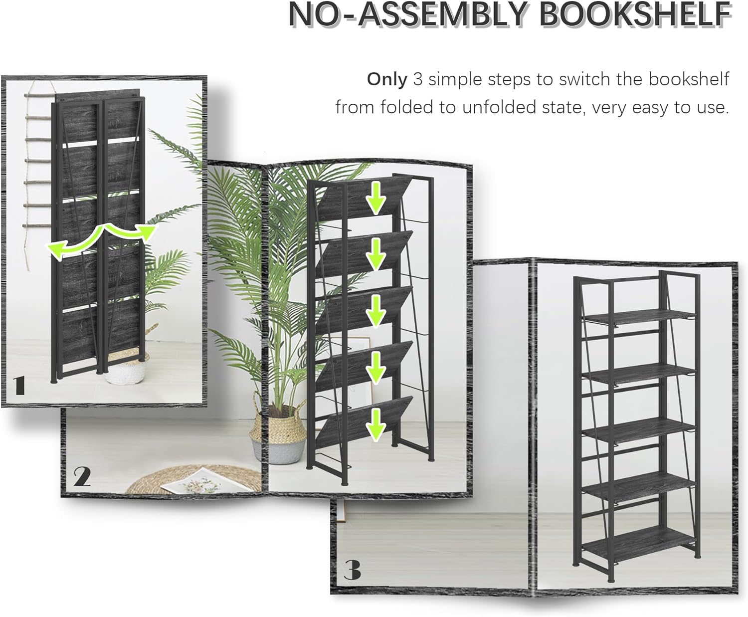 4NM No Assembly Foldable Bookshelf, 5-Shelf Collapsible Bookcase Storage for Small Spaces, 62.2" H