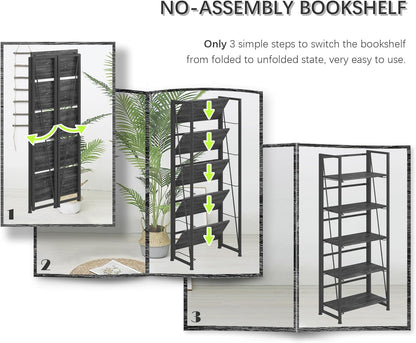 4NM No Assembly Foldable Bookshelf, 5-Shelf Collapsible Bookcase Storage for Small Spaces, 62.2" H
