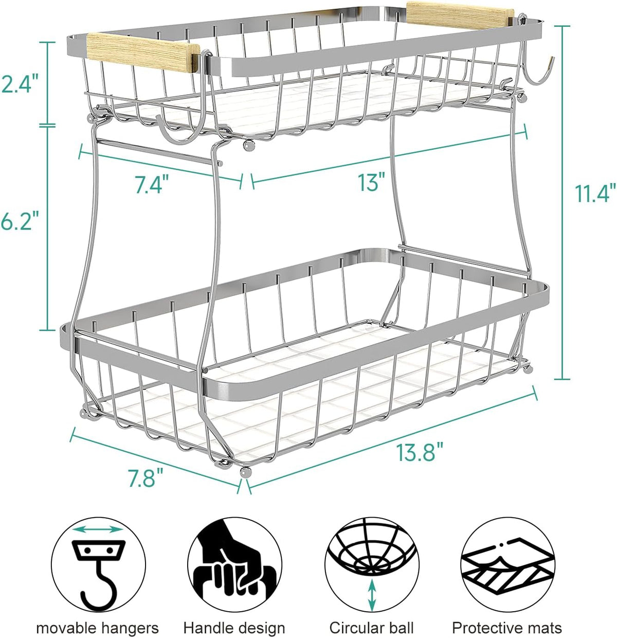 2 Tier Fruit Basket for Kitchen Counter with 2 Banana Hangers, 2025 Pro Detachable Metal Fruit Bowl