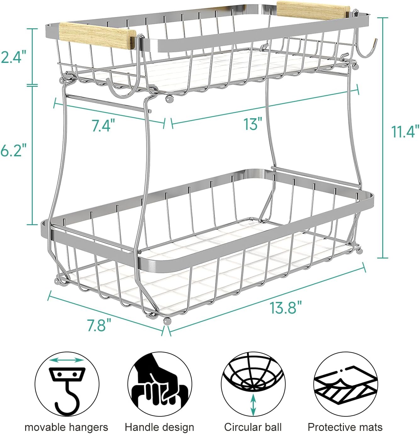 2 Tier Fruit Basket for Kitchen Counter with 2 Banana Hangers, 2025 Pro Detachable Metal Fruit Bowl