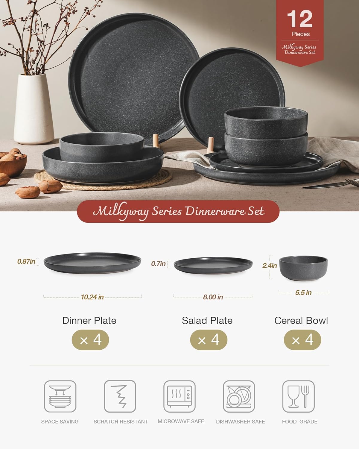 Famiware Milkyway Plates and Bowls Sets, 12 Pieces Dinnerware Sets, Reactive Glaze Dish Set