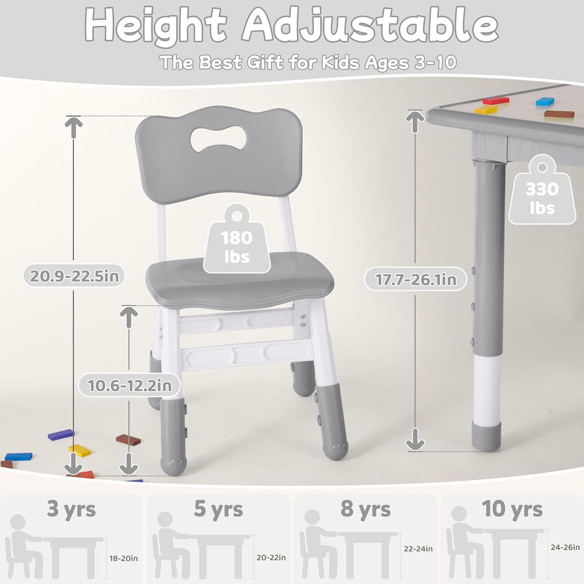Toddler Table and Chair Set, Height Adjustable-Upgrade Kids Table and 2 Chairs for Ages 3-8