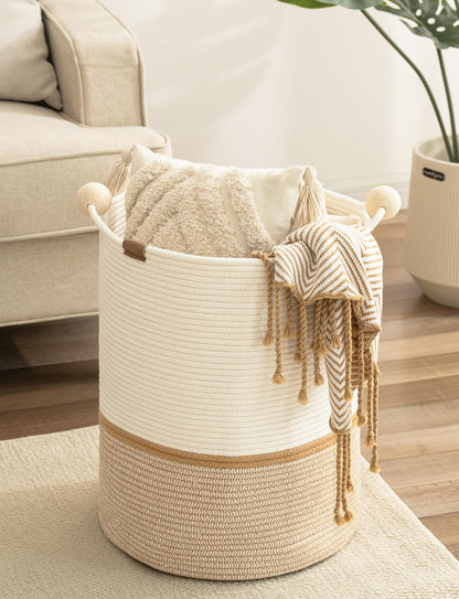StorageWorks 58L Cotton Rope Laundry Basket with Wooden Beads Handles, Woven Basket for Storage