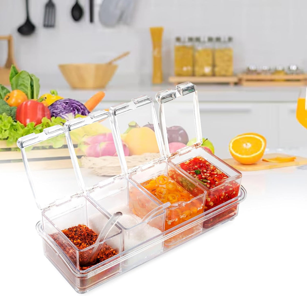 Clear Seasoning Box, 4 Piece Seasoning Rack Spice Pots, Plastic Storage Container Condiment Jars