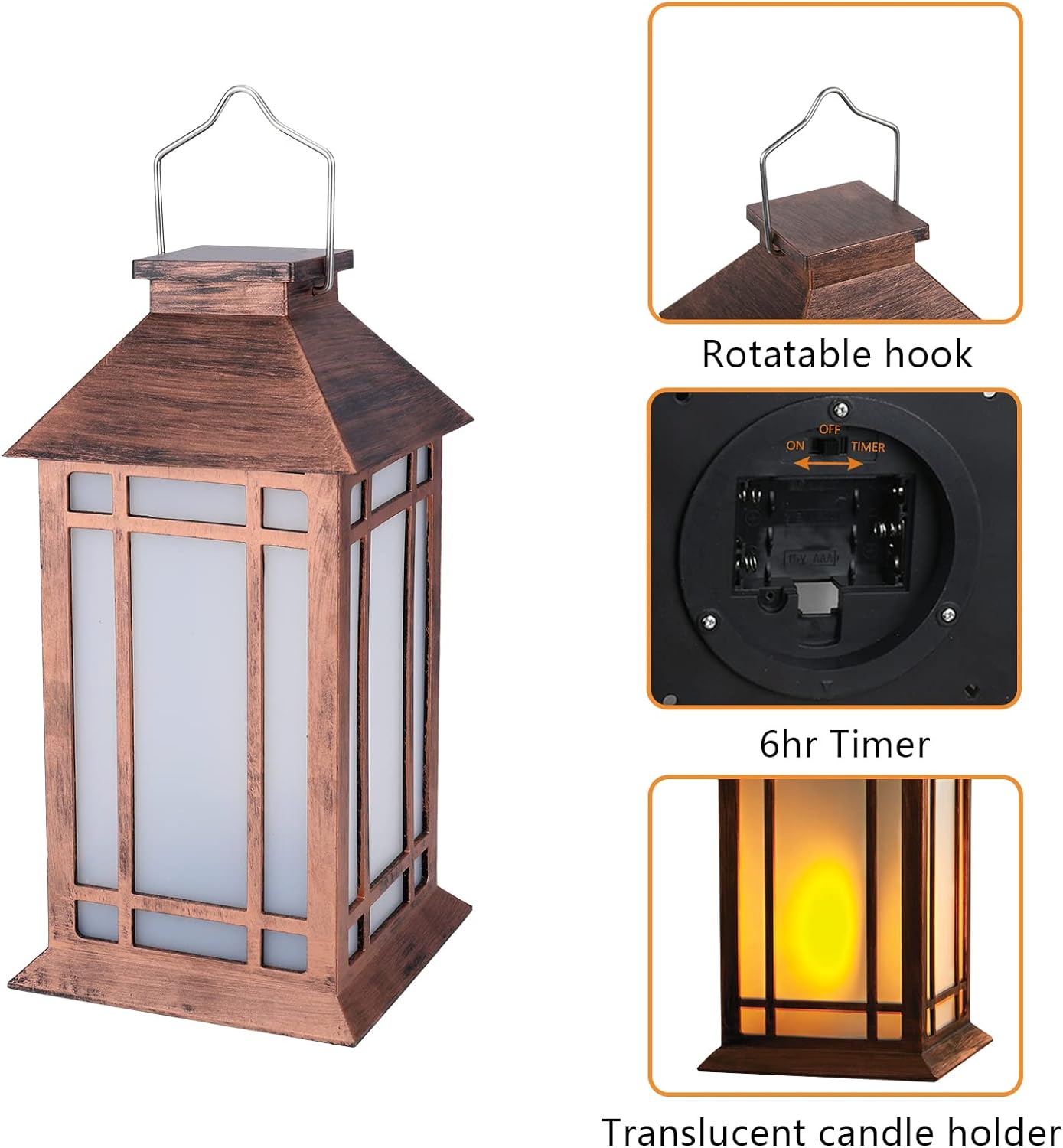 2-Pack 13" Vintage Candle Lantern with Led Flameless Candle (6hr Timer) - IP65 Waterproof Battery