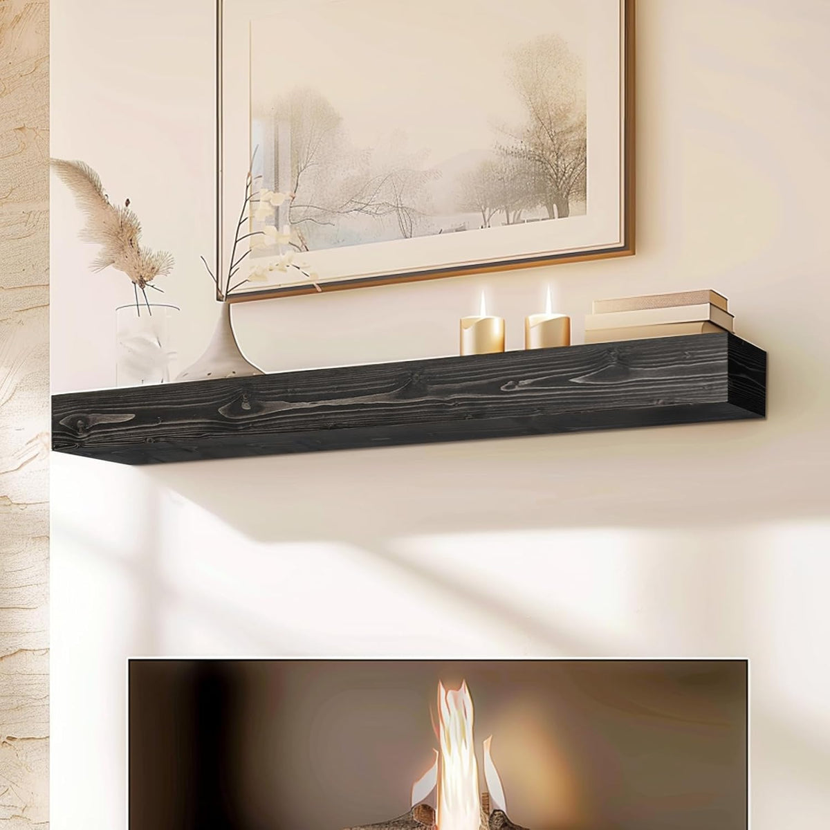 48x8x5 Fireplace Mantel - Handcrafted Hollow Rustic Solid Wood Wall Mounted Floating Shelf with