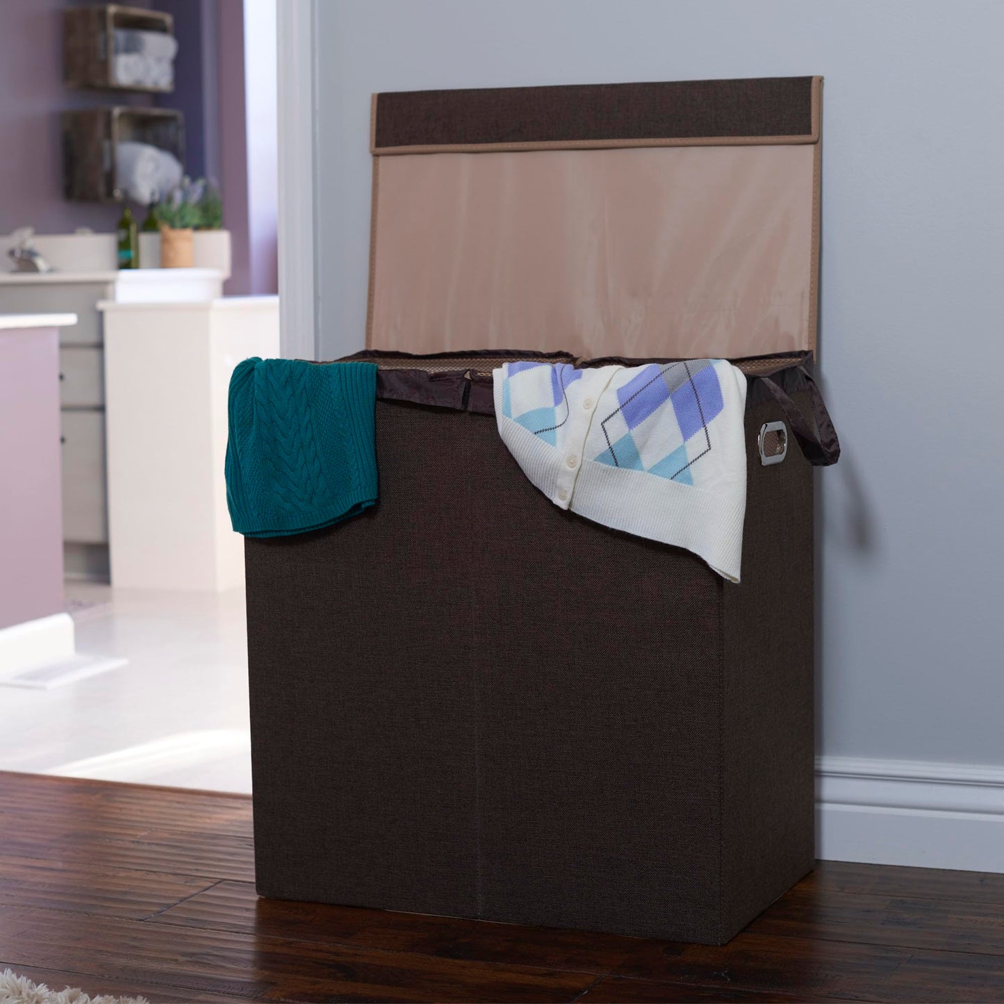 Household Essentials Collapsible Double Laundry Hamper with Lid, Two Compartments and Removable