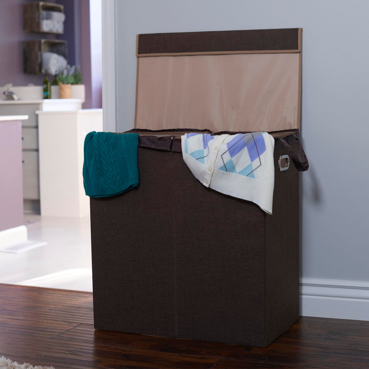 Household Essentials Collapsible Double Laundry Hamper with Lid, Two Compartments and Removable