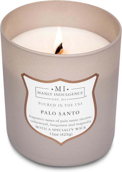 Manly Indulgence Palo Santo Scented Candles for Men, 15 oz Wooden Wick, Premium Soy Blend Wax, 60H