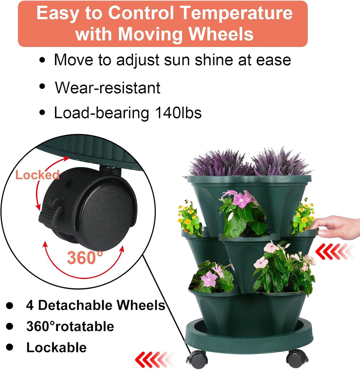 DUNCHATY Stackable Planter, Vertical Garden Planter with Wheels and Tools, Self Watering Strawberry