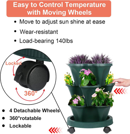 DUNCHATY Stackable Planter, Vertical Garden Planter with Wheels and Tools, Self Watering Strawberry