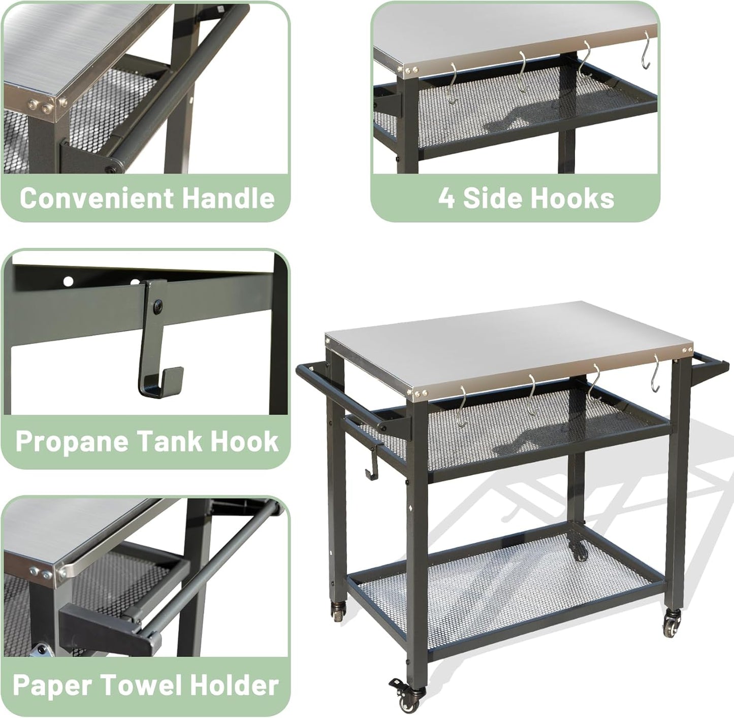 Domi 3-Shelf Outdoor Grill Table, Grill Cart with Wheels, Outdoor Pizza Oven and Food Prep Table