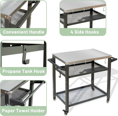 Domi 3-Shelf Outdoor Grill Table, Grill Cart with Wheels, Outdoor Pizza Oven and Food Prep Table