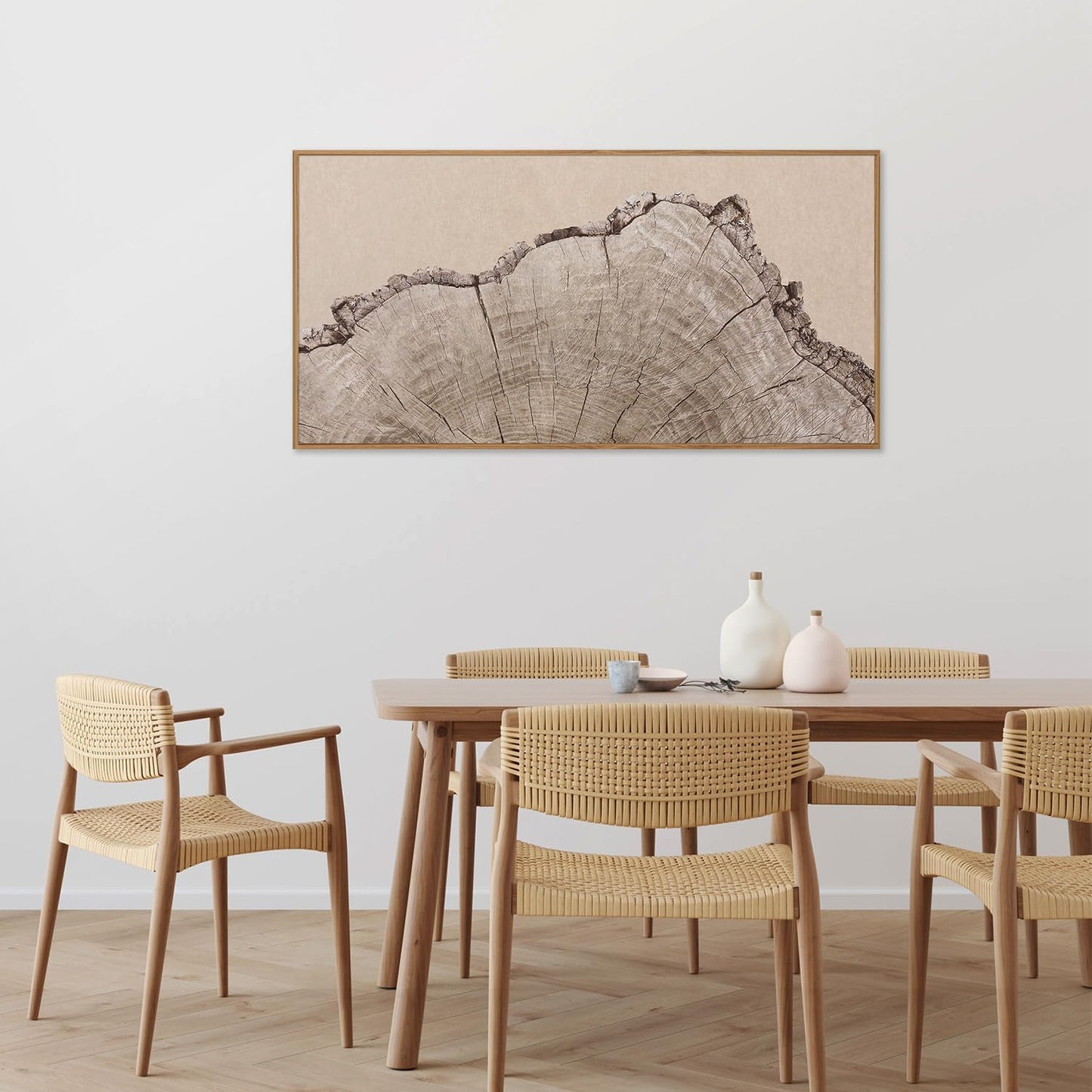 SIGNINART Large Tree Ring Framed Canvas Wall Art, Rustic Beige Wooden Wall Decor, Neutral Nature