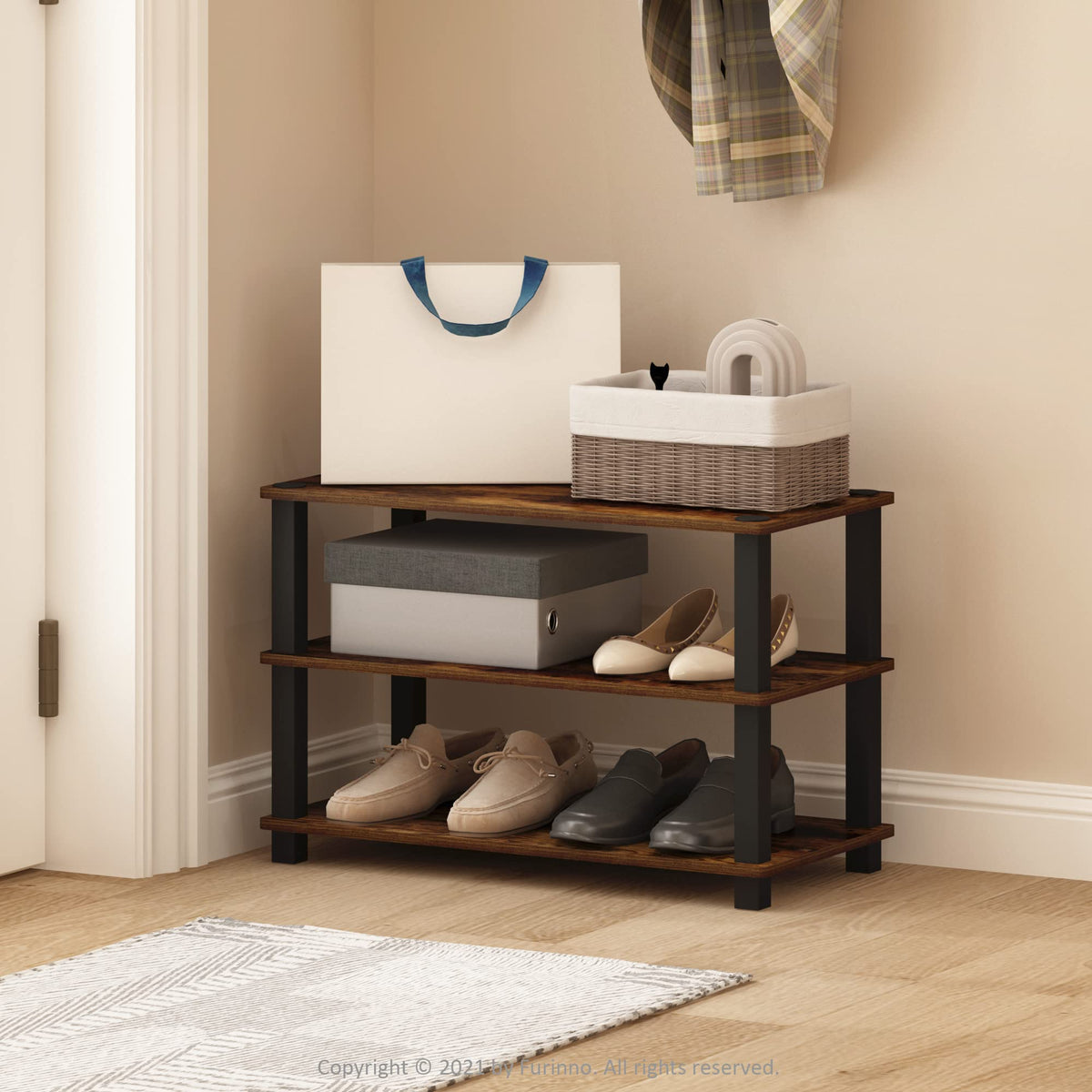 Furinno Turn-S-Tube 3-Tier Shoe Rack, Amber Pine/Black