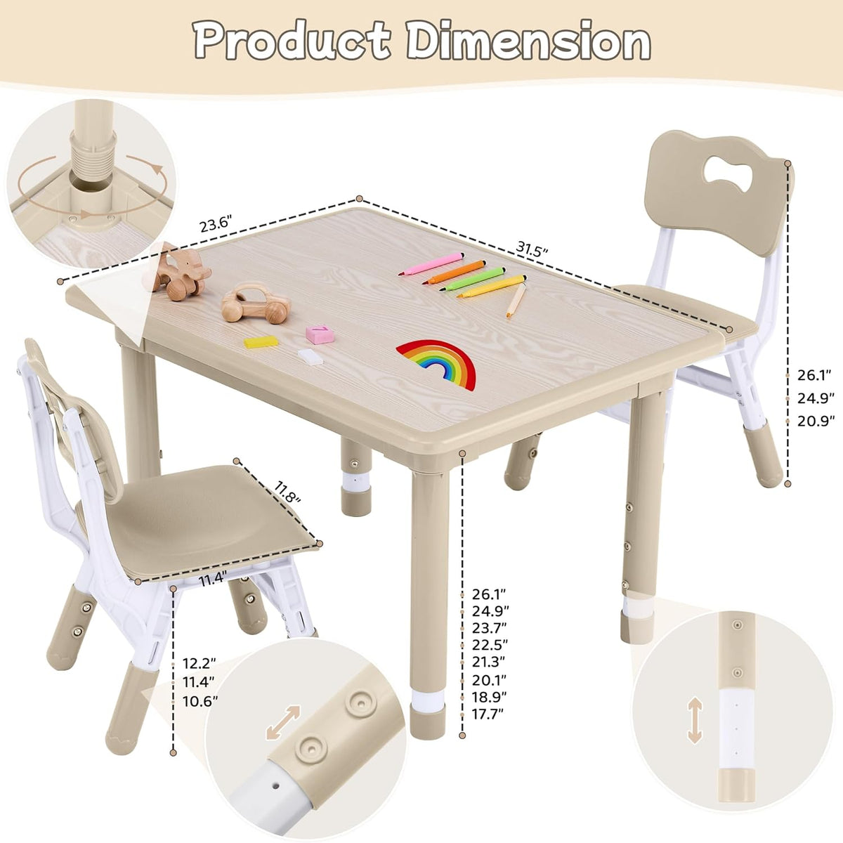 Toddler Table and Chair Set, Height Adjustable-Upgrade Kids Table and 2 Chairs for Ages 3-8
