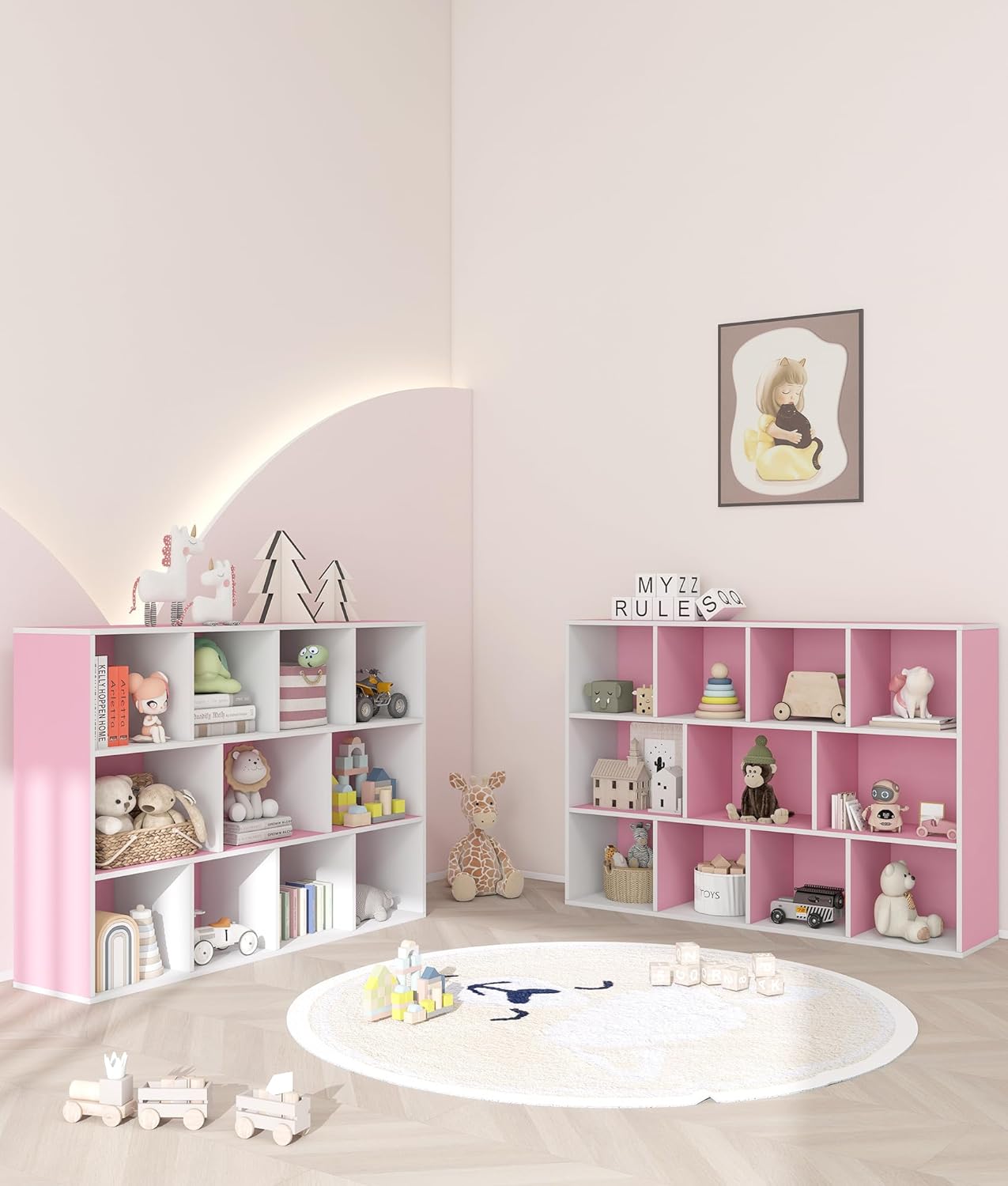 11-Cube Pink Kids Bookshelf and Toy Organizer – Wooden Storage Shelf for Girl’s Room and Nursery