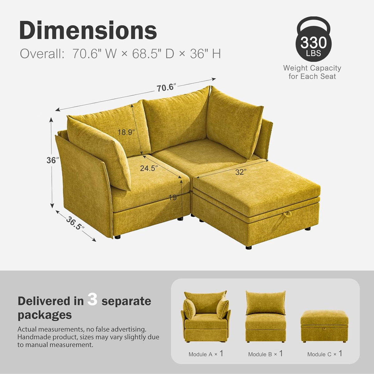 Luxury Modular Sectional Sofa, L-Shaped 3-Seat Couch with Storage Ottoman Deep Seat & Reversible