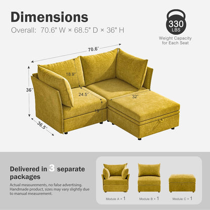 Luxury Modular Sectional Sofa, L-Shaped 3-Seat Couch with Storage Ottoman Deep Seat & Reversible